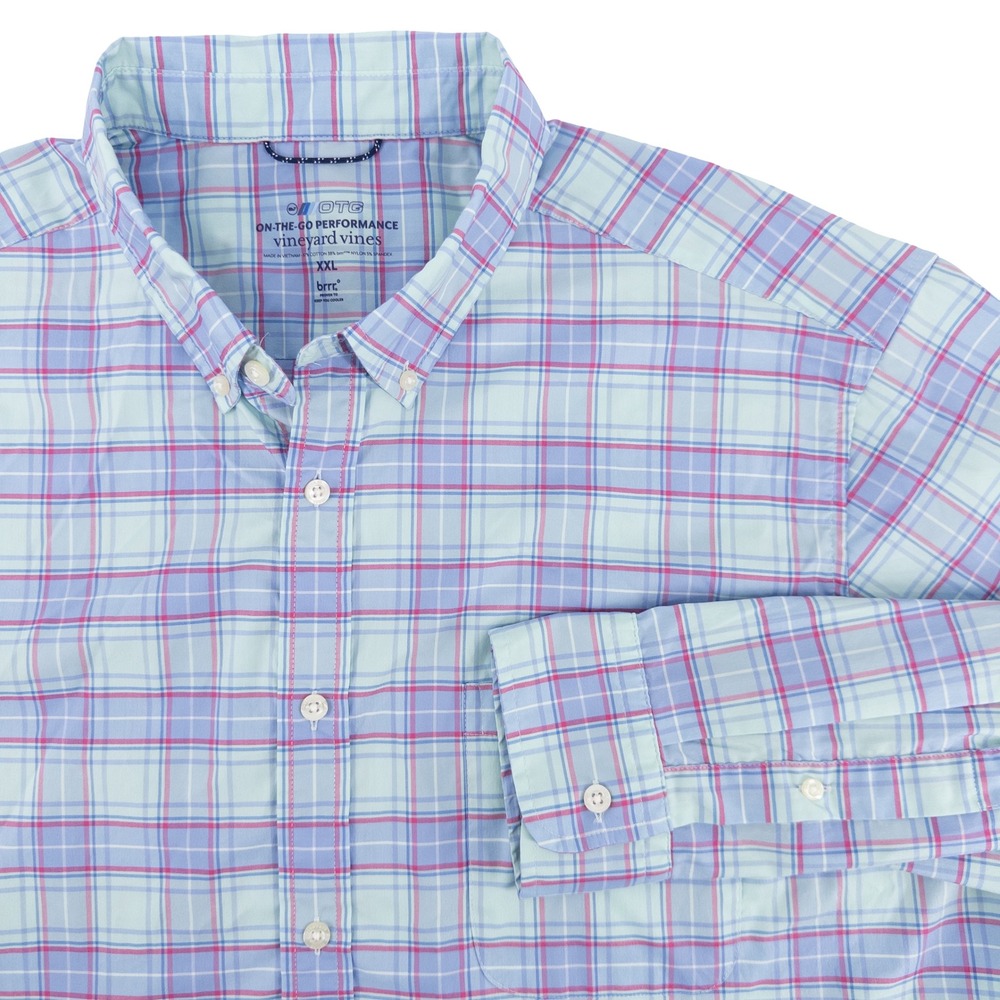 Vineyard Vines Mens XXL On The Go Performance brrr Shirt Blue Plaid Pastel Prep